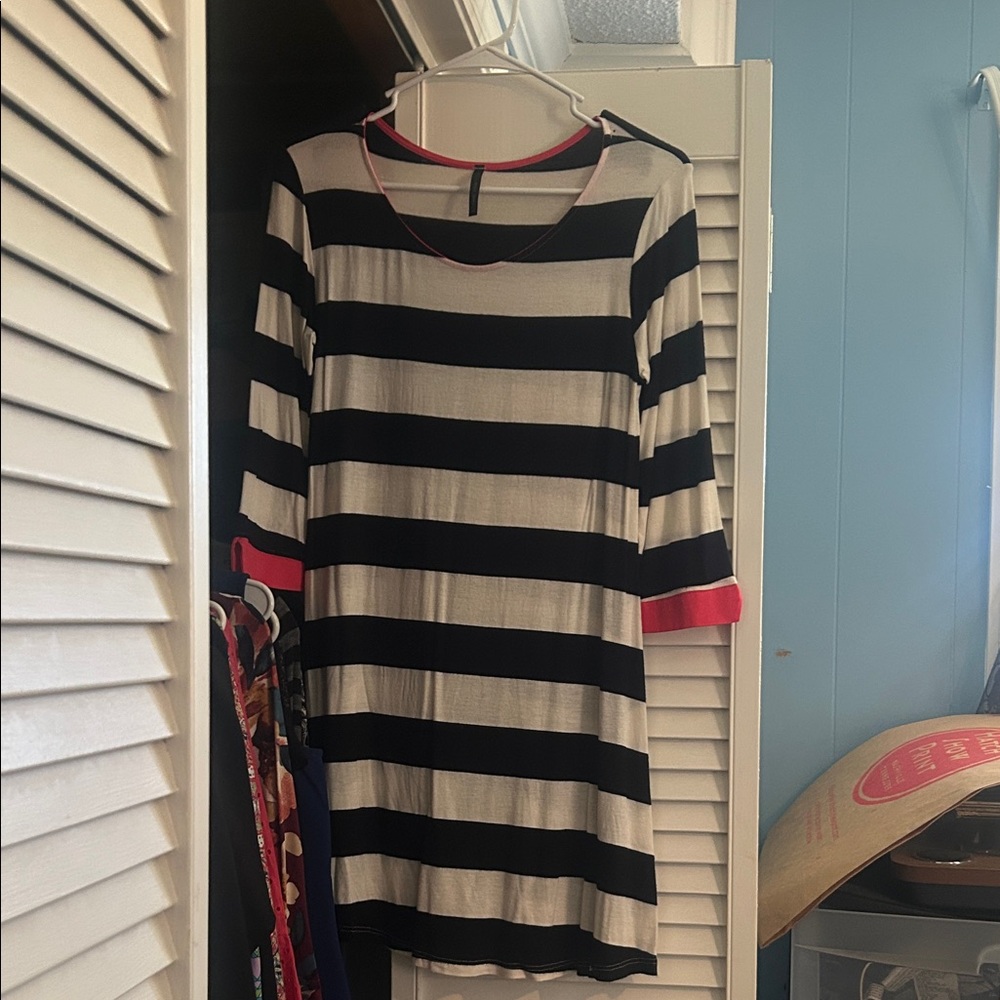Striped Black and White Dress with Red Accents